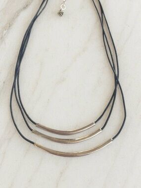 Silpada 925 Sterling Silver 3 Layered Bar on  Black Cord Necklace N1571. 16”-18”